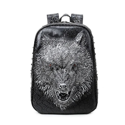 Stylish 3D Wolf Head Backpack - High-Quality PU Leather Rucksack for Teens and Students