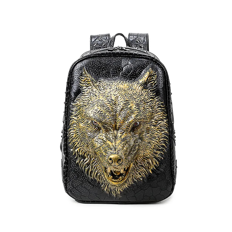 Stylish 3D Wolf Head Backpack - High-Quality PU Leather Rucksack for Teens and Students