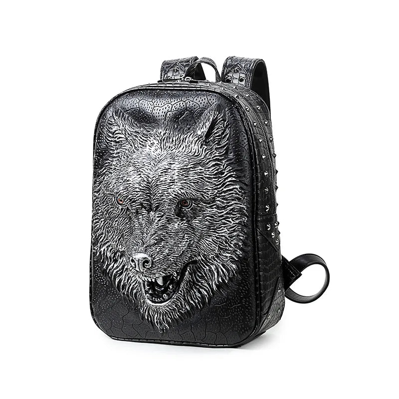 Stylish 3D Wolf Head Backpack - High-Quality PU Leather Rucksack for Teens and Students