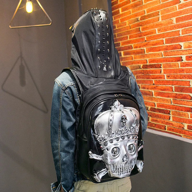 Unleash Your Style with the 3D Skull Crown Embossed PU Leather Backpack – Perfect for Travel and Everyday Use!