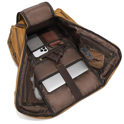 Stylish Vintage Leather 16-Inch Laptop Backpack - Durable Waxed Canvas Rucksack for Travel and Daily Use