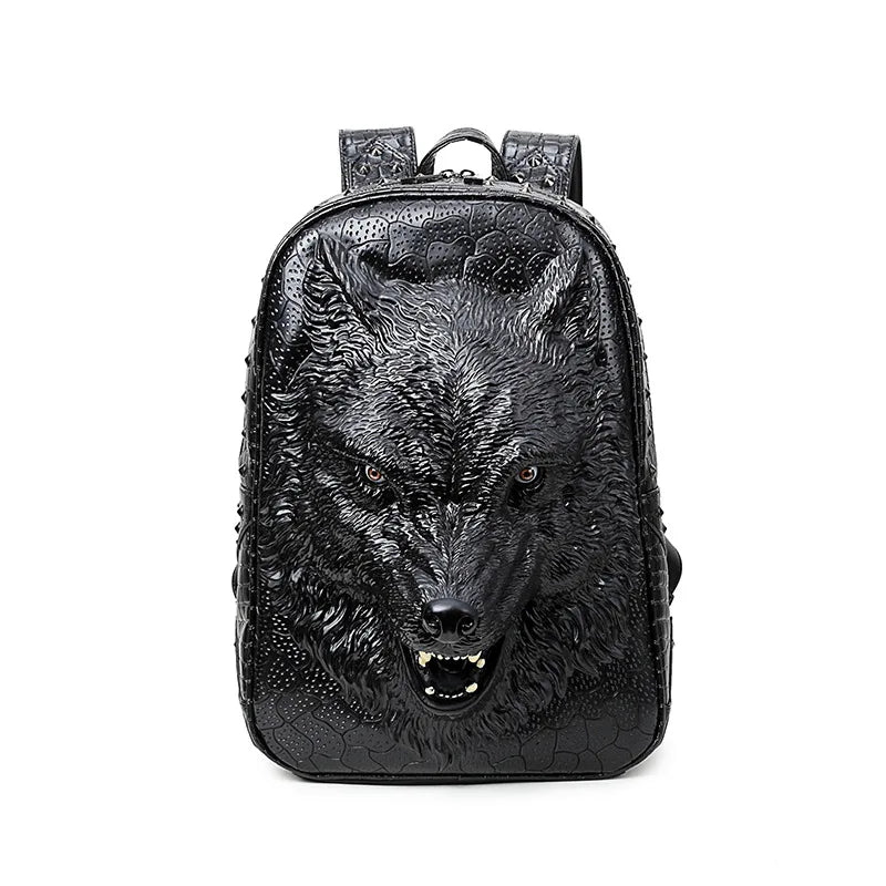 Stylish 3D Wolf Head Backpack - High-Quality PU Leather Rucksack for Teens and Students
