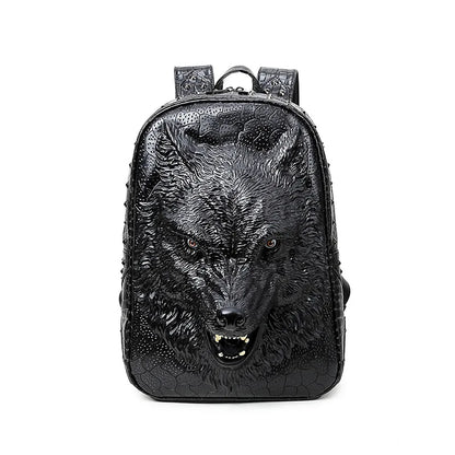 Stylish 3D Wolf Head Backpack - High-Quality PU Leather Rucksack for Teens and Students