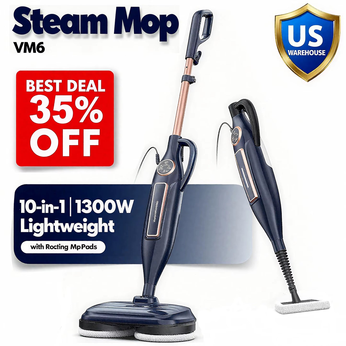 Revolutionary 10-in-1 Steam Mop Cleaner with Rotating Mop Pad - 1300W Powerful Floor Steamer for Effortless Home Cleaning