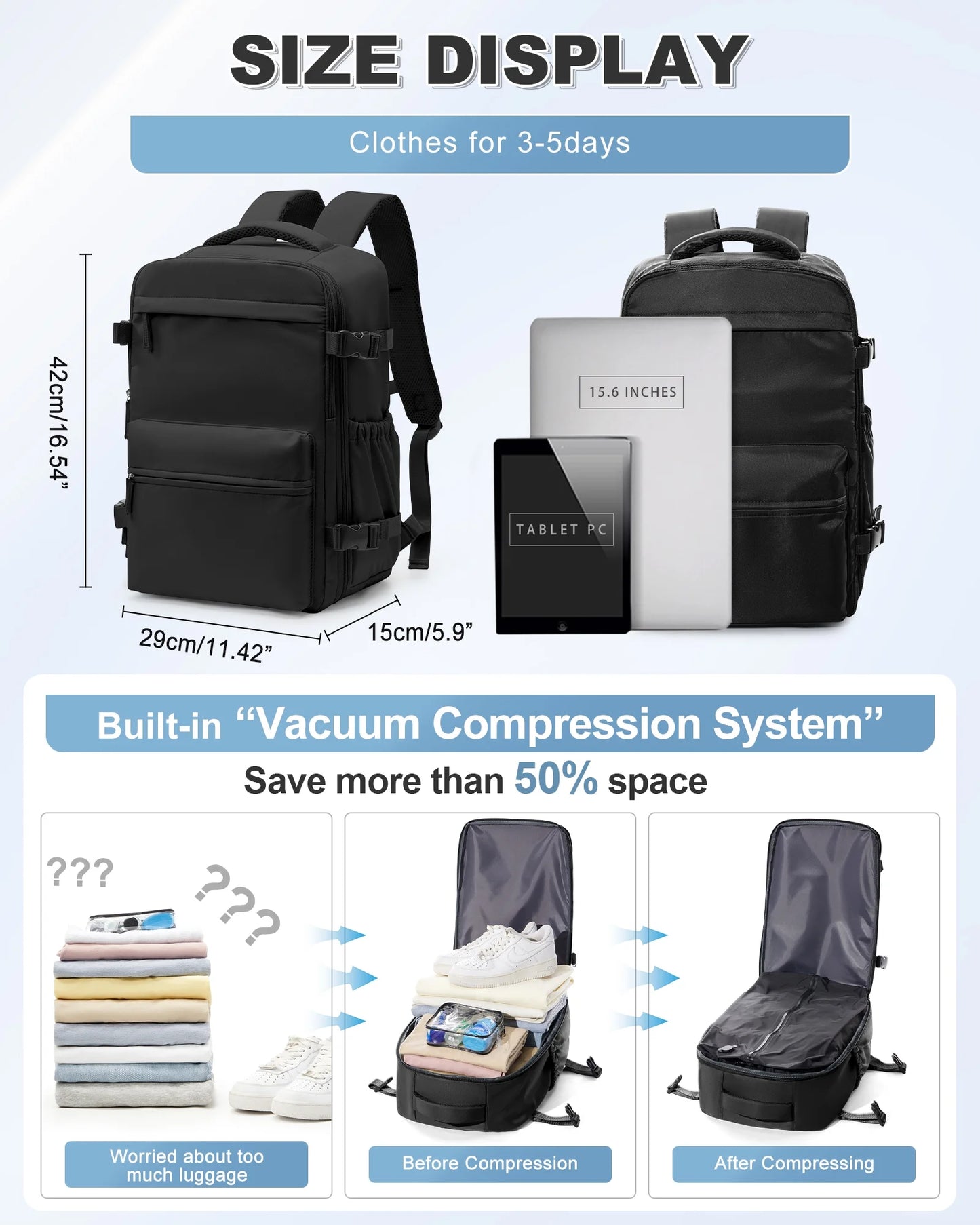 Ultimate Travel Vacuum Backpack with Air Pump - Perfect for Airplanes, Stylish Black Design, Fits 15.6-inch Laptops