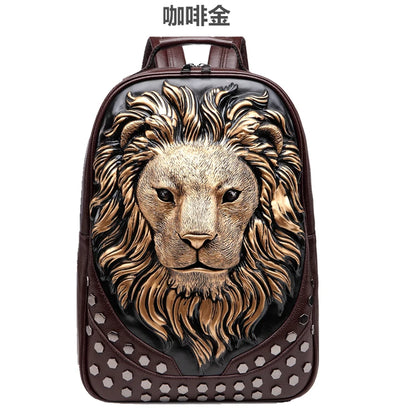 Stylish 3D Embossed Lion Head PU Leather Backpack - Perfect for School and Everyday Use