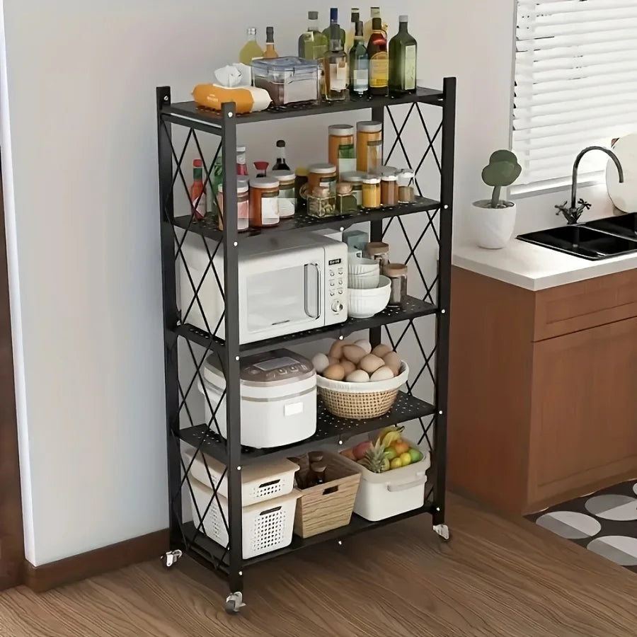 Maximize Your Space with Our 3/4/5-Layer Heavy-Duty Foldable Metal Storage Rack on Wheels – Perfect for Garage and Kitchen Organization!