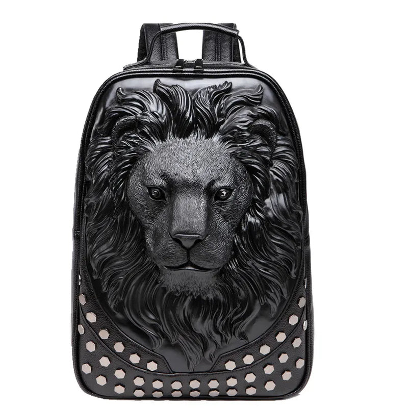 Stylish 3D Embossed Lion Head PU Leather Backpack - Perfect for School and Everyday Use