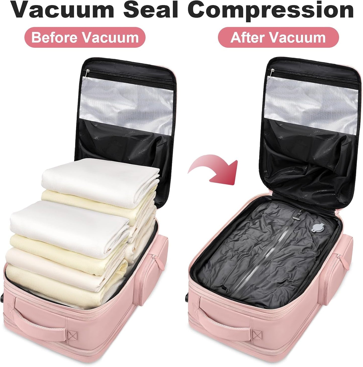 Stylish Pink Vacuum Backpack - Expandable Compression Luggage with Shoe Compartment and Rain Cover for Effortless Travel