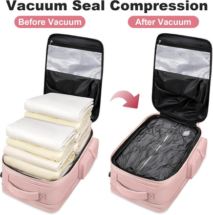 Stylish Pink Vacuum Backpack - Expandable Compression Luggage with Shoe Compartment and Rain Cover for Effortless Travel